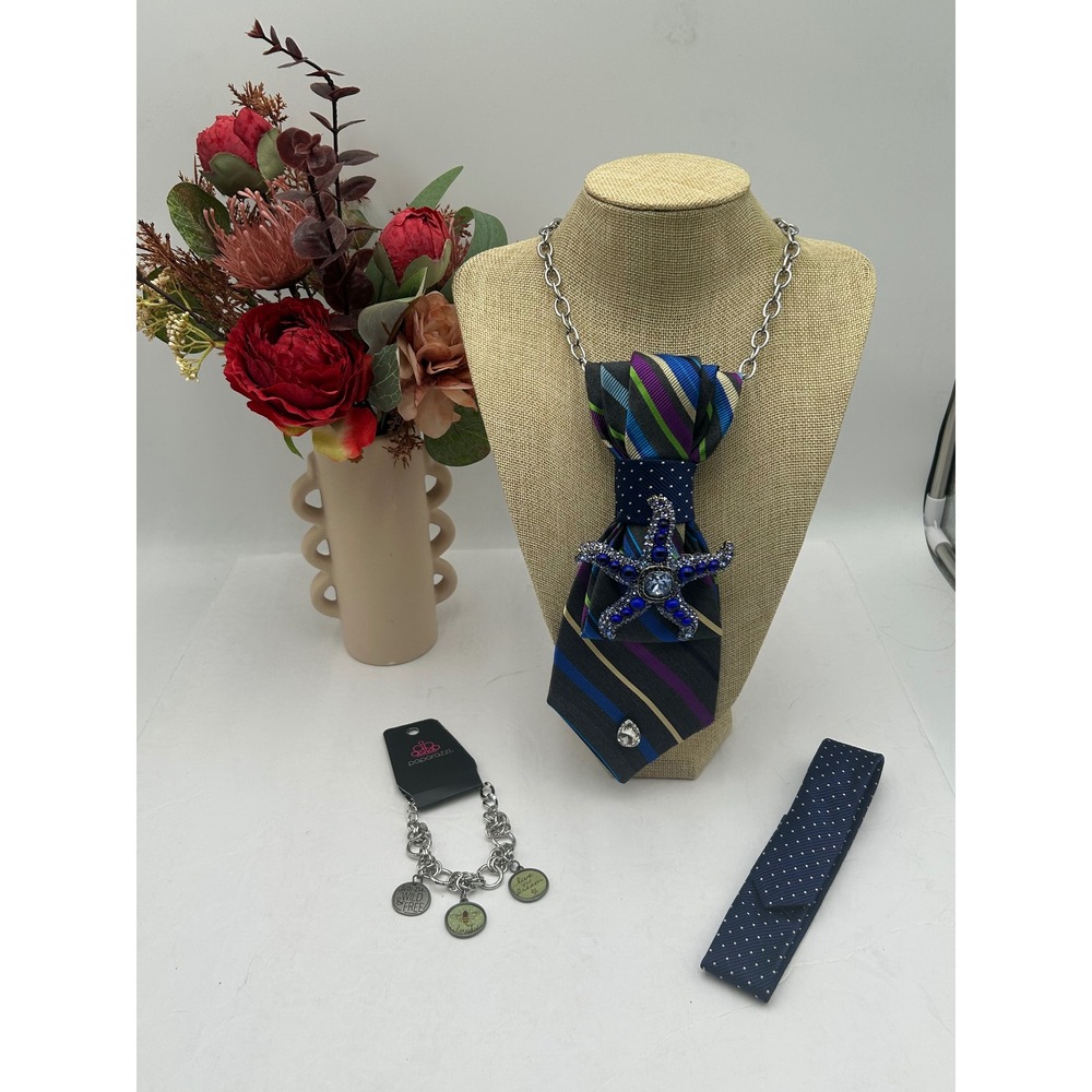 Tommy Hilfiger Upcycled Tie Necklace Blue Starfish Brooch Paparazzi Bracelet Set - Picture 6 of 13